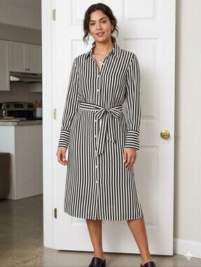 H&M Black and White Vertical Stripe Midi Shirt Dress with Waist Tie